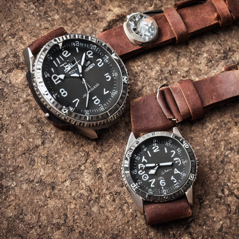 Men\'s explorer watch with a rugged stainless steel case, black dial, and brown leather strap.